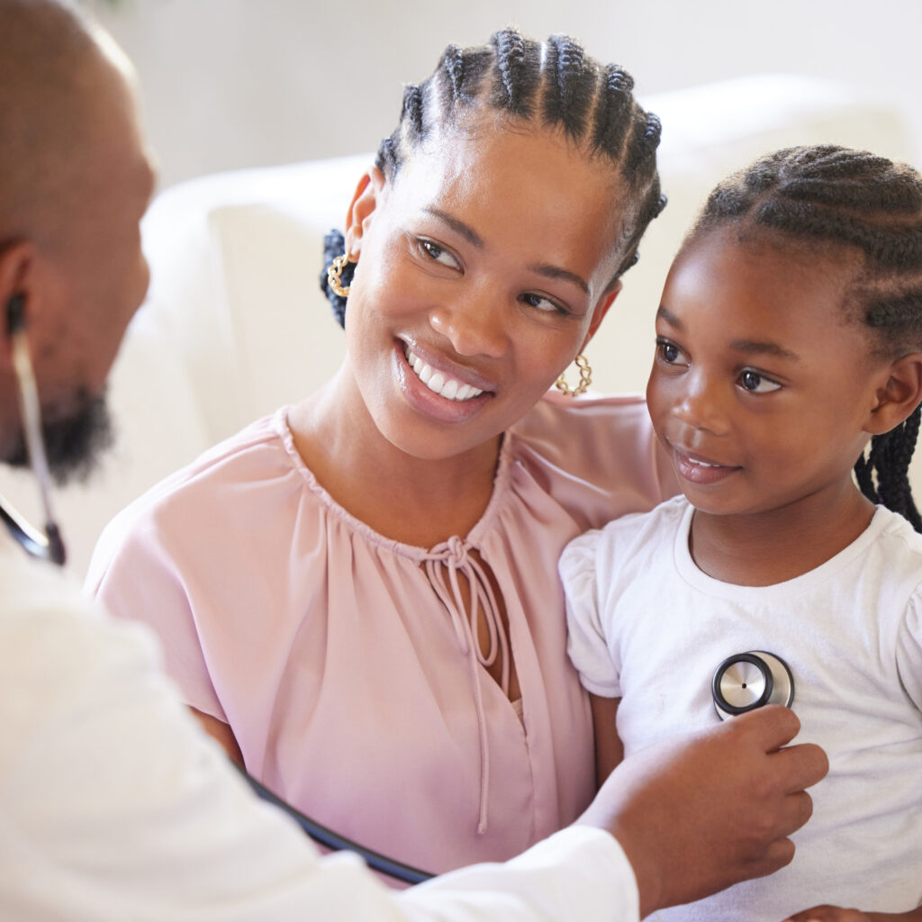 Black people, mother and girl with doctor stethoscope for healthcare consultation and healthy lungs in hospital. African mama, young child and male pediatrician with check breathing for wellness.