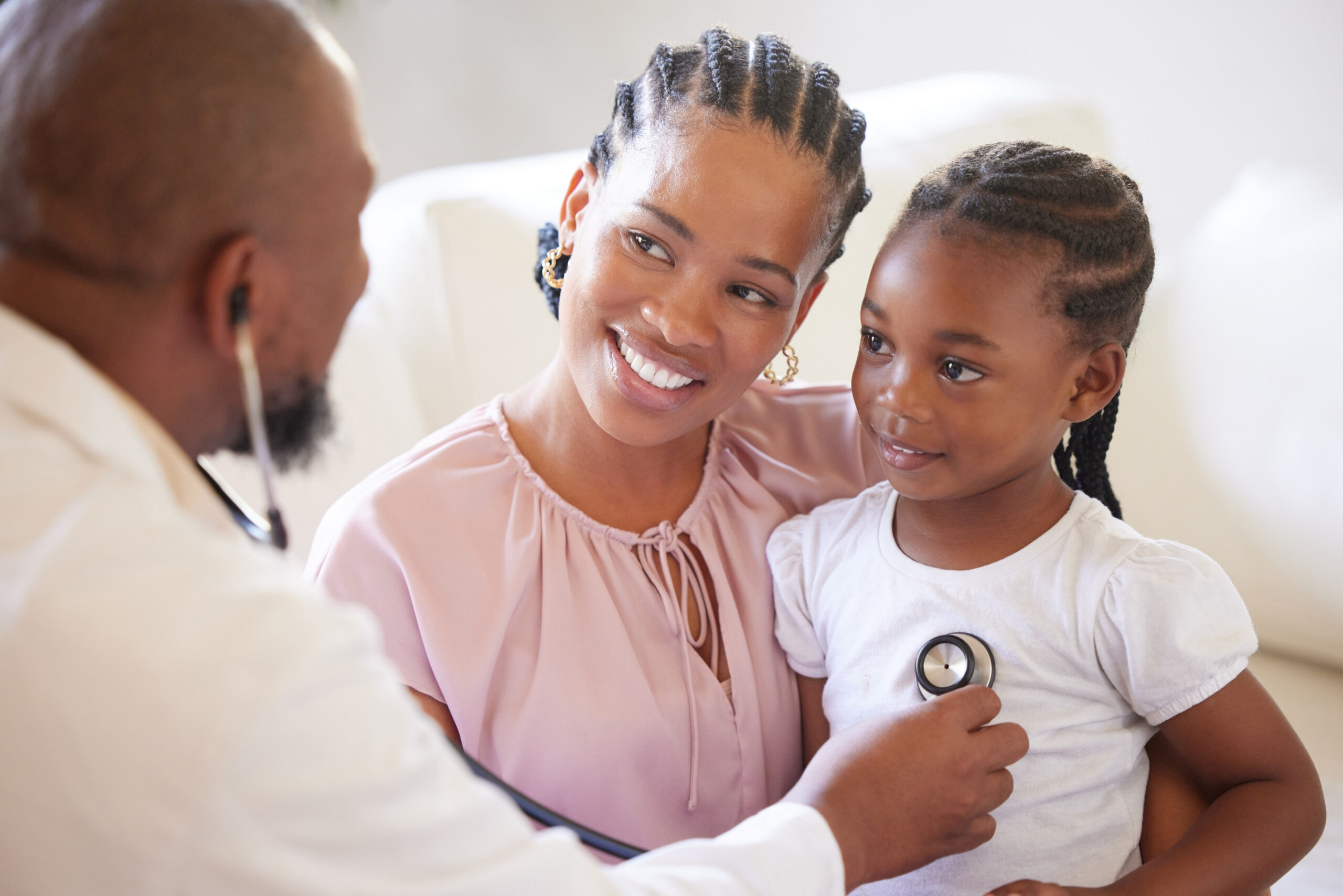 Black people, mother and girl with doctor stethoscope for healthcare consultation and healthy lungs in hospital. African mama, young child and male pediatrician with check breathing for wellness.